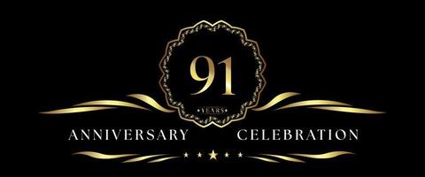 Celebración del aniversario de 91 años con marco decorativo dorado aislado en fondo negro. diseño vectorial para tarjetas de felicitación, fiesta de cumpleaños, boda, fiesta de eventos, ceremonia. Logotipo de aniversario de 91 años. vector