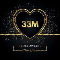 gracias 33m o 33 millones de seguidores con corazón y brillo dorado aislado en fondo negro. plantilla de tarjeta de felicitación para redes sociales amigos y seguidores. gracias, seguidores, logro. vector
