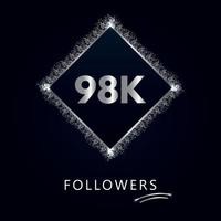 98k o 98 mil seguidores con marco y brillo plateado aislado sobre fondo azul marino oscuro. plantilla de tarjeta de felicitación para amigos y seguidores de las redes sociales. gracias, seguidores, logro. vector