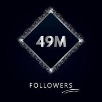 49M with silver glitter isolated on a navy-blue background. Greeting card template for social networks likes, subscribers, celebrating, friends, and followers. 49 million followers vector