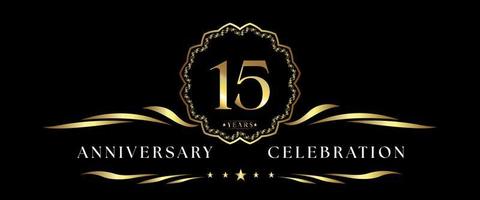 15 years anniversary celebration with gold decorative frame isolated on black background. Vector design for greeting card, birthday party, wedding, event party, ceremony. 15 years Anniversary logo.