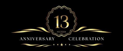 Celebración del aniversario de 13 años con marco decorativo dorado aislado en fondo negro. diseño vectorial para tarjetas de felicitación, fiesta de cumpleaños, boda, fiesta de eventos, ceremonia. Logotipo de aniversario de 13 años. vector