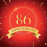 86 years anniversary celebration with gold frame and gold confetti isolated on red background. Vector design for greeting card, birthday party, wedding, event party. 86 years Anniversary logo.