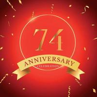 74 years anniversary celebration with gold frame and gold confetti isolated on red background. Vector design for greeting card, birthday party, wedding, event party. 74 years Anniversary logo.