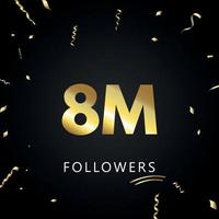 8m u 8 millones de seguidores con confeti dorado aislado en fondo negro. plantilla de tarjeta de felicitación para amigos y seguidores de las redes sociales. gracias, seguidores, logro. vector