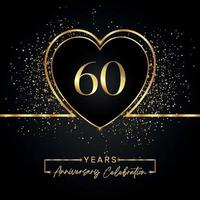 Celebración del aniversario de 60 años con corazón dorado y brillo dorado sobre fondo negro. diseño vectorial para saludo, fiesta de cumpleaños, boda, fiesta de eventos. logotipo de aniversario de 60 años vector