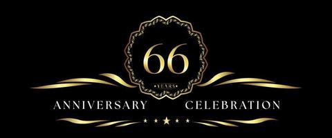 Celebración del aniversario de 66 años con marco decorativo dorado aislado en fondo negro. diseño vectorial para tarjetas de felicitación, fiesta de cumpleaños, boda, fiesta de eventos, ceremonia. Logotipo de aniversario de 66 años. vector