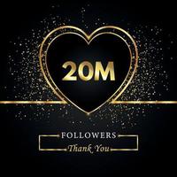 gracias 20m o 20 millones de seguidores con corazón y brillo dorado aislado en fondo negro. plantilla de tarjeta de felicitación para amigos y seguidores de las redes sociales. gracias, seguidores, logro. vector