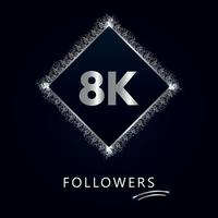 8k u 8 mil seguidores con marco y brillo plateado aislado sobre fondo azul marino oscuro. plantilla de tarjeta de felicitación para redes sociales amigos y seguidores. gracias, seguidores, logro. vector