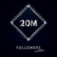 20m con purpurina plateada aislada sobre fondo azul marino. plantilla de tarjeta de felicitación para me gusta de redes sociales, suscriptores, celebraciones, amigos y seguidores. 20 millones de seguidores vector