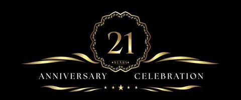 21 years anniversary celebration with gold decorative frame isolated on black background. Vector design for greeting card, birthday party, wedding, event party, ceremony. 21 years Anniversary logo.