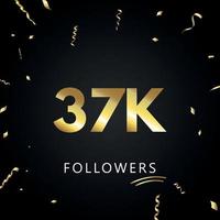 37k o 37 mil seguidores con confeti dorado aislado en fondo negro. plantilla de tarjeta de felicitación para amigos y seguidores de las redes sociales. gracias, seguidores, logro. vector