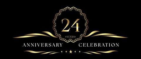 Celebración del aniversario de 24 años con marco decorativo dorado aislado en fondo negro. diseño vectorial para tarjetas de felicitación, fiesta de cumpleaños, boda, fiesta de eventos, ceremonia. Logotipo de aniversario de 24 años. vector