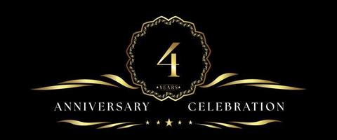 Celebración del aniversario de 4 años con marco decorativo dorado aislado en fondo negro. diseño vectorial para tarjetas de felicitación, fiesta de cumpleaños, boda, fiesta de eventos, ceremonia. Logotipo de aniversario de 4 años. vector