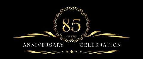 85 years anniversary celebration with gold decorative frame isolated on black background. Vector design for greeting card, birthday party, wedding, event party, ceremony. 85 years Anniversary logo.