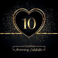 10 years anniversary celebration with gold heart and gold glitter on black background. Vector design for greeting, birthday party, wedding, event party. 10 years anniversary logo