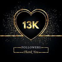 gracias 13k o 13 mil seguidores con corazón y brillo dorado aislado en fondo negro. plantilla de tarjeta de felicitación para amigos y seguidores de las redes sociales. gracias, seguidores, logro. vector