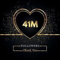 gracias 41m o 41 millones de seguidores con corazón y brillo dorado aislado en fondo negro. plantilla de tarjeta de felicitación para amigos y seguidores de las redes sociales. gracias, seguidores, logro. vector