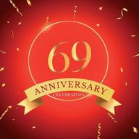 69 years anniversary celebration with gold frame and gold confetti isolated on red background. Vector design for greeting card, birthday party, wedding, event party. 69 years Anniversary logo.
