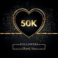 gracias 50k o 50 mil seguidores con corazón y brillo dorado aislado en fondo negro. plantilla de tarjeta de felicitación para amigos y seguidores de las redes sociales. gracias, seguidores, logro. vector