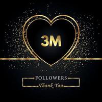 gracias 3m o 3 millones de seguidores con corazón y brillo dorado aislado en fondo negro. plantilla de tarjeta de felicitación para redes sociales amigos y seguidores. gracias, seguidores, logro. vector