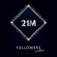 21M with silver glitter isolated on a navy-blue background. Greeting card template for social networks likes, subscribers, celebrating, friends, and followers. 21 million followers vector