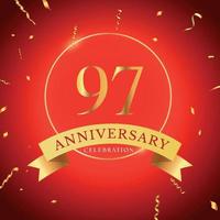 97 years anniversary celebration with gold frame and gold confetti isolated on red background. Vector design for greeting card, birthday party, wedding, event party. 97 years Anniversary logo.