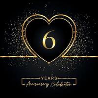 6 years anniversary celebration with gold heart and gold glitter on black background. Vector design for greeting, birthday party, wedding, event party. 6 years anniversary logo