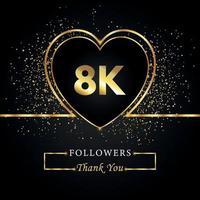 Thank you 8K or 8 thousand followers with heart and gold glitter isolated on black background. Greeting card template for social networks friends, and followers. Thank you, followers, achievement. vector