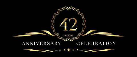 42 years anniversary celebration with gold decorative frame isolated on black background. Vector design for greeting card, birthday party, wedding, event party, ceremony. 42 years Anniversary logo.