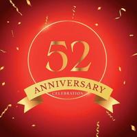 52 years anniversary celebration with gold frame and gold confetti isolated on red background. Vector design for greeting card, birthday party, wedding, event party. 52 years Anniversary logo.