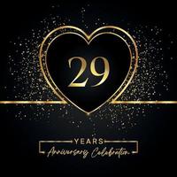 Celebración del aniversario de 29 años con corazón dorado y brillo dorado sobre fondo negro. diseño vectorial para saludo, fiesta de cumpleaños, boda, fiesta de eventos. logotipo de aniversario de 29 años vector