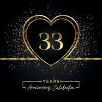 33 years anniversary celebration with gold heart and gold glitter on black background. Vector design for greeting, birthday party, wedding, event party. 33 years anniversary logo