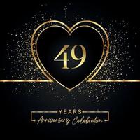 49 years anniversary celebration with gold heart and gold glitter on black background. Vector design for greeting, birthday party, wedding, event party. 49 years anniversary logo