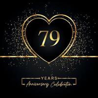 Celebración del aniversario de 79 años con corazón dorado y brillo dorado sobre fondo negro. diseño vectorial para saludo, fiesta de cumpleaños, boda, fiesta de eventos. logotipo de aniversario de 79 años