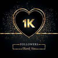 Thank you 1K or 1 thousand followers with heart and gold glitter isolated on black background. Greeting card template for social networks friends, and followers. Thank you, followers, achievement. vector