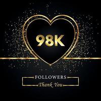 Thank you 98K or 98 thousand followers with heart and gold glitter isolated on black background. Greeting card template for social networks friends, and followers. Thank you, followers, achievement. vector