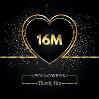 gracias 16m o 16 millones de seguidores con corazón y brillo dorado aislado en fondo negro. plantilla de tarjeta de felicitación para amigos y seguidores de las redes sociales. gracias, seguidores, logro. vector