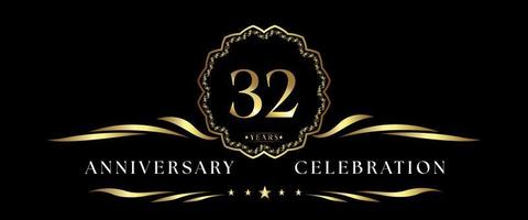 32 years anniversary celebration with gold decorative frame isolated on black background. Vector design for greeting card, birthday party, wedding, event party, ceremony. 32 years Anniversary logo.