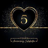 5 years anniversary celebration with gold heart and gold glitter on black background. Vector design for greeting, birthday party, wedding, event party. 5 years anniversary logo
