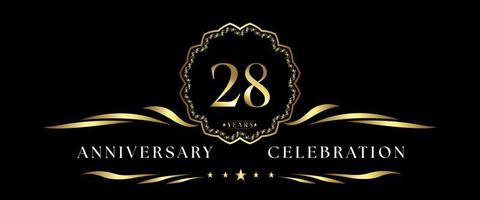 28 years anniversary celebration with gold decorative frame isolated on black background. Vector design for greeting card, birthday party, wedding, event party, ceremony. 28 years Anniversary logo.