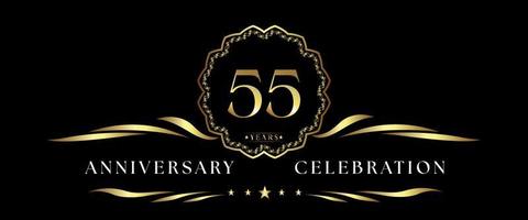 55 years anniversary celebration with gold decorative frame isolated on black background. Vector design for greeting card, birthday party, wedding, event party, ceremony. 55 years Anniversary logo.