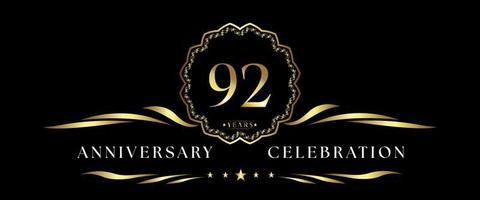 92 years anniversary celebration with gold decorative frame isolated on black background. Vector design for greeting card, birthday party, wedding, event party, ceremony. 92 years Anniversary logo.