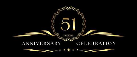 51 years anniversary celebration with gold decorative frame isolated on black background. Vector design for greeting card, birthday party, wedding, event party, ceremony. 51 years Anniversary logo.