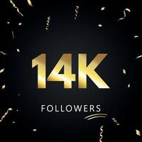 14k o 14 mil seguidores con confeti dorado aislado en fondo negro. plantilla de tarjeta de felicitación para redes sociales amigos y seguidores. gracias, seguidores, logro.