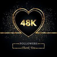 gracias 48k o 48 mil seguidores con corazón y brillo dorado aislado en fondo negro. plantilla de tarjeta de felicitación para amigos y seguidores de las redes sociales. gracias, seguidores, logro. vector