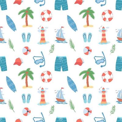 Seamless summer pattern in doodle style. Items for beach holidays, children's room decoration, posters and banners. Flat vector illustration