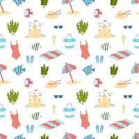 Seamless summer pattern in doodle style. Items for beach holidays, children's room decoration, posters and banners. Flat vector illustration