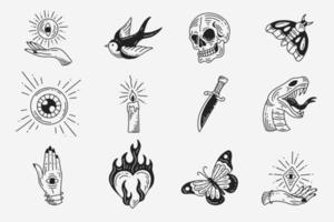 Set Collection Mystical Celestial Dark Holy Simple Minimalism Tattoo Clipart Symbol space doodle Esoteric elements vintage illustration vector