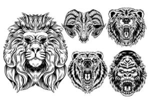 Set Animal Lion Bear Goat and Kong Beast Dark Art Hand drawn Hatching Outline Symbol Tattoo Merchandise T-shirt Merch vintage vector